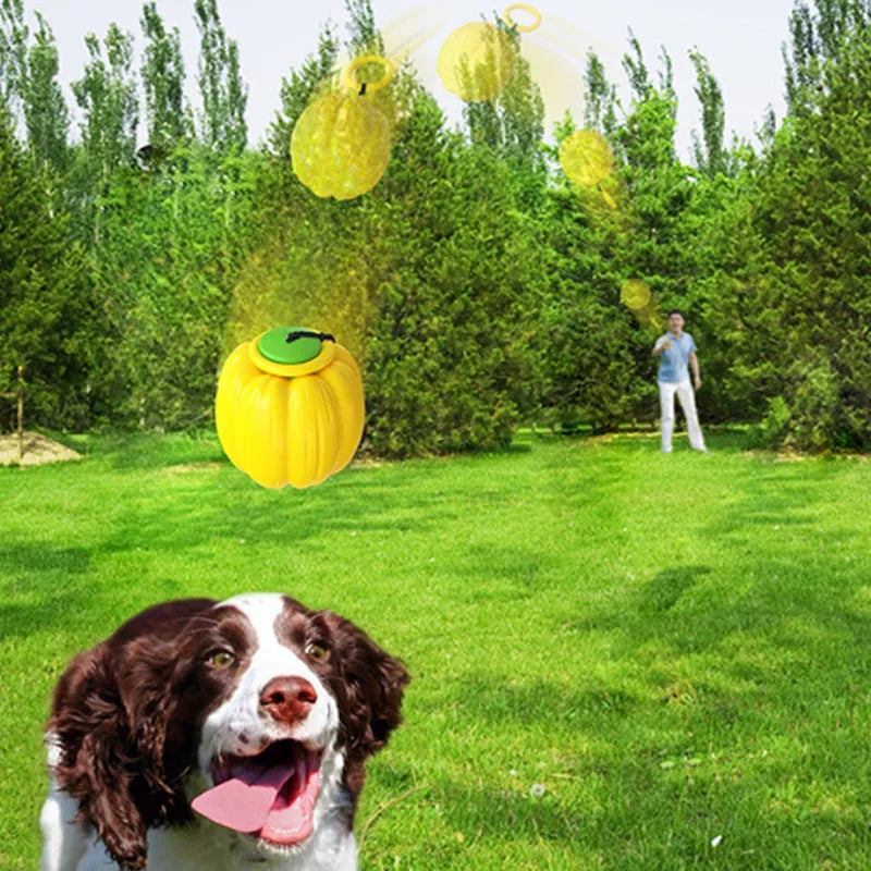 Green, orange, and yellow plastic pumpkin-shaped dog balls with a squeaker.