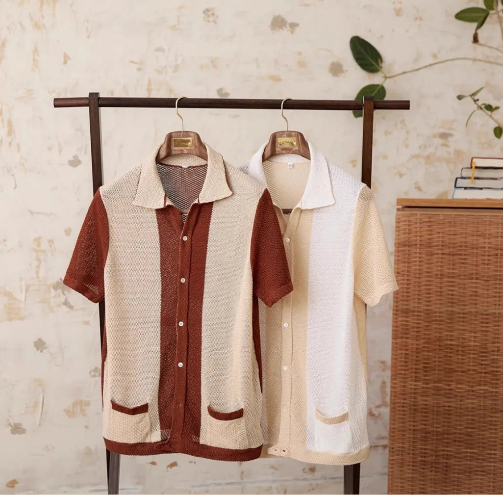 Beige linen-cotton blend short-sleeved cardigan with a lapel collar, laid flat.