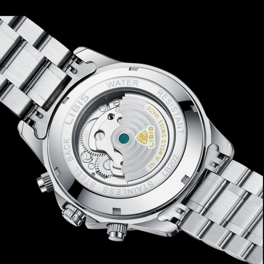 Silver steel automatic perpetual calendar men's watch with sapphire crystal glass