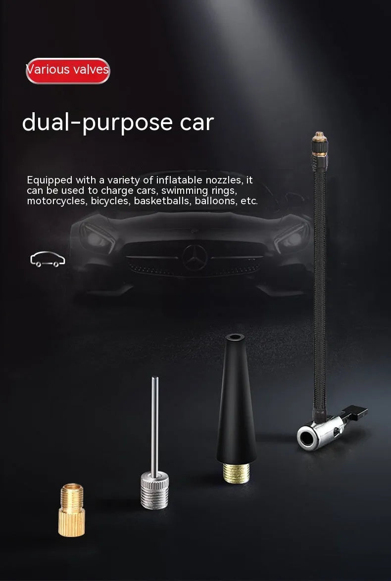 Red and black portable car air pump with cigarette lighter plug, multiple nozzles, and 3m power cable