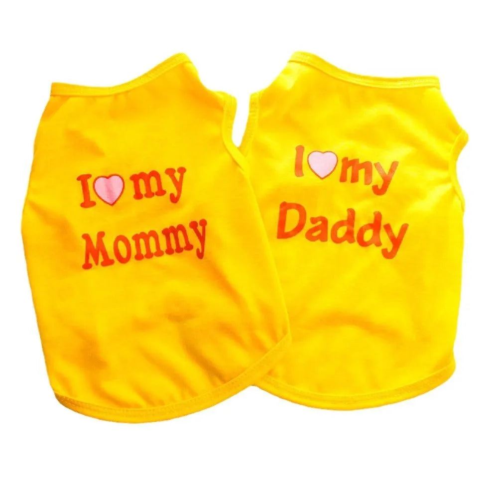 Pet puppy vest in pink with Love Mom text, polyester casual coat