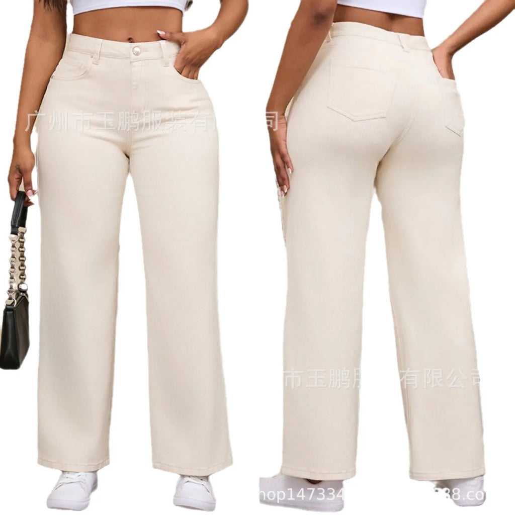 Women's straight leg jeans in wide leg style with high waist in apricot colour