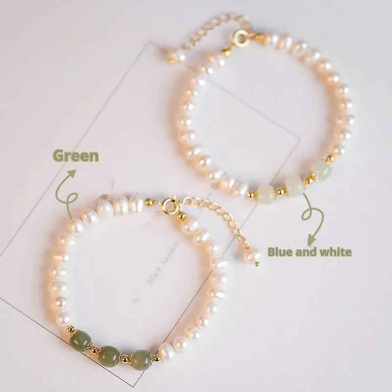 Natural freshwater pearl bracelet with electroplated diamond beads in Hetian jade colour