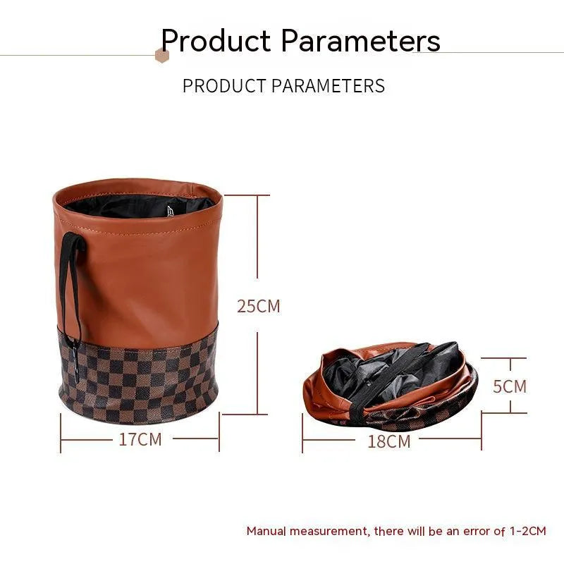 Brown leather car trash can with a handle, shown in folded and unfolded states