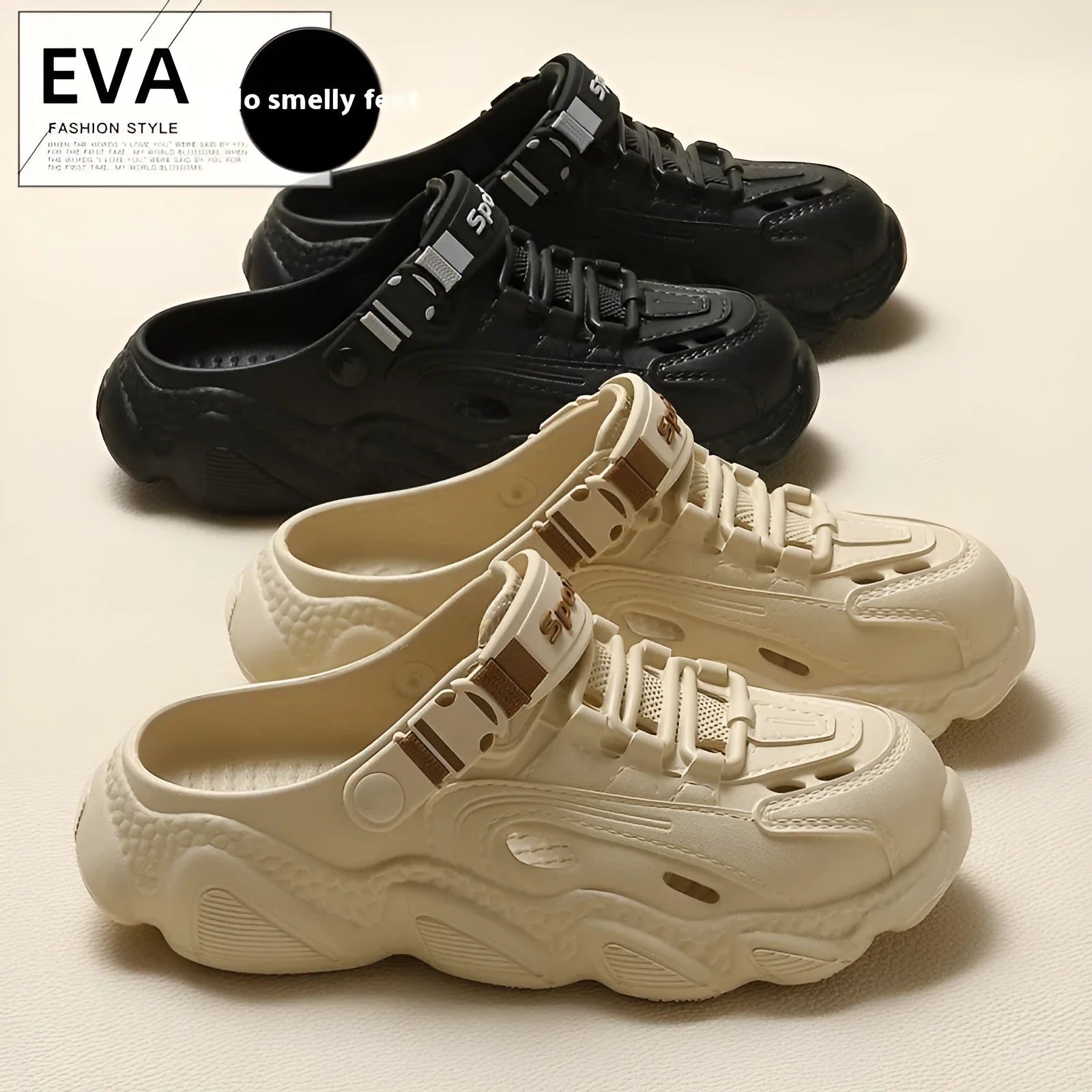 Men's khaki outdoor slippers showing hollow-out breathable design with textured non-slip EVA sole