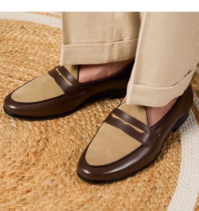 Coffee grey suede leather loafers with slip-on design and rubber sole