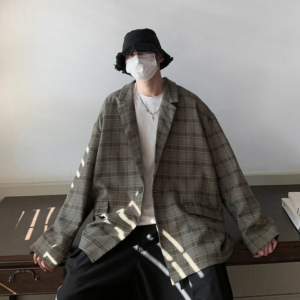 Retro casual loose plaid jacket for men in acetate fibre fabric shown flat