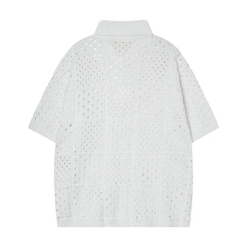 Teenager wearing black hollow knit polo shirt with loose cardigan style and short sleeves