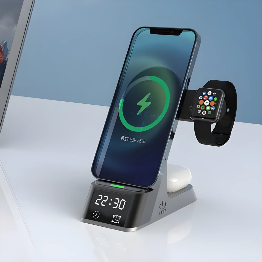 Black multifunctional alarm clock with digital display and wireless charging pad for smartphone, Apple Watch, and earphones.