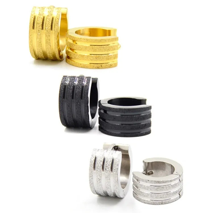 Geometric Korean-style earrings with frosted three-line texture in black, gold, or steel finish