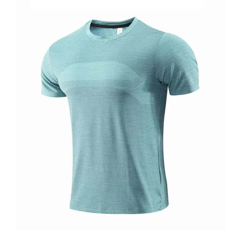 Short-sleeved red running T-shirt made from polyester spandex fabric on a size chart