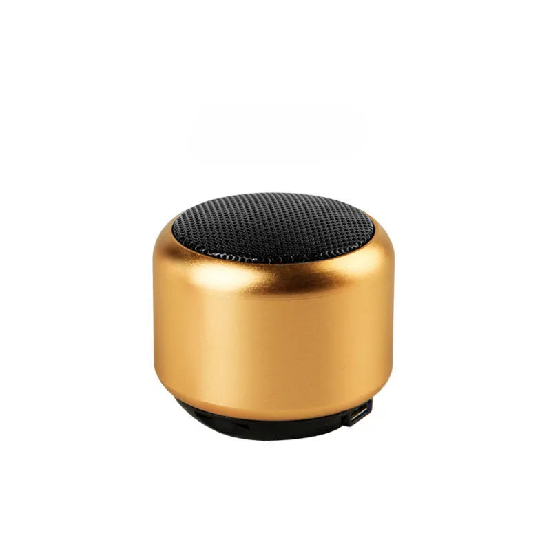 Portable outdoor mini Bluetooth speaker in black, blue, gold, or pink colour options