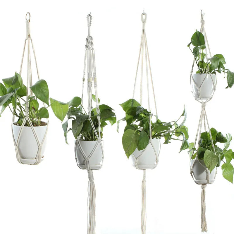 Beige handmade cotton rope hanging basket sling holding a flower pot with 12-18cm bottom diameter