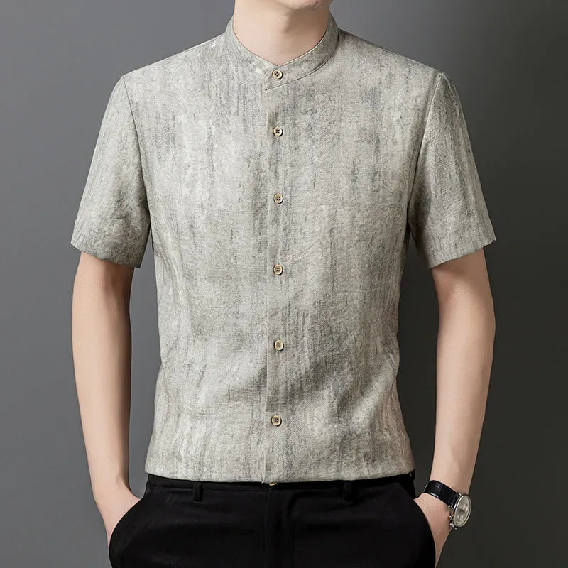 Men's solid colour stand collar linen blend shirt in loose cardigan style