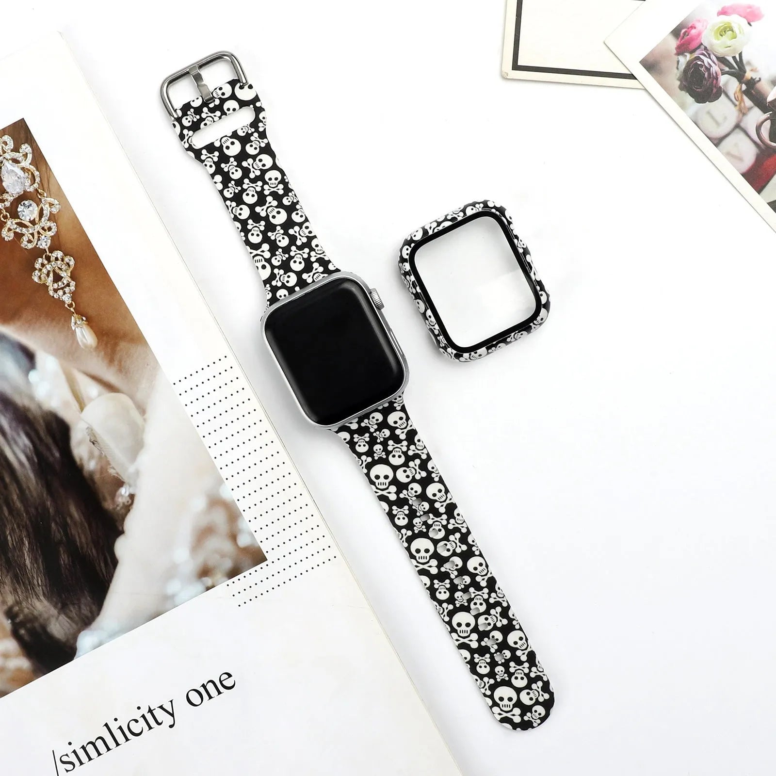 Printed silicone Apple Watch compatible strap shown in multiple design styles for 38mm 40mm 42mm 44mm cases.