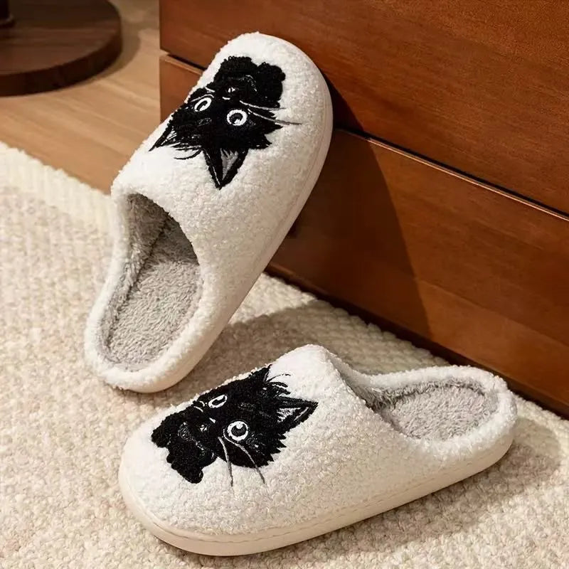 White plush couples slippers with black beard cat cartoon design and non-slip TPR soles