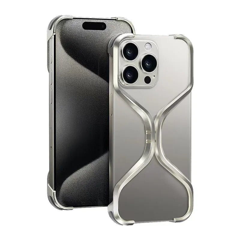 Metal frameless hollow phone case for iPhone with dark gray finish and exposed metal back