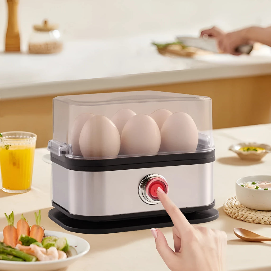 Black stainless steel portable egg boiler with carrying belt for travel