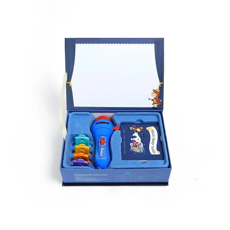 Kids handheld storybook projector torch with four fairy tale discs projecting images on wall