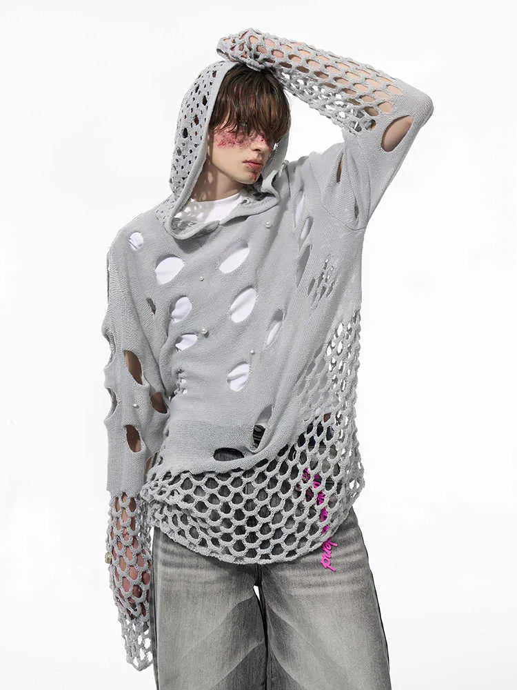 Men's black hollow knit hooded sweater with pearl decorative trim, loose fit pullover style