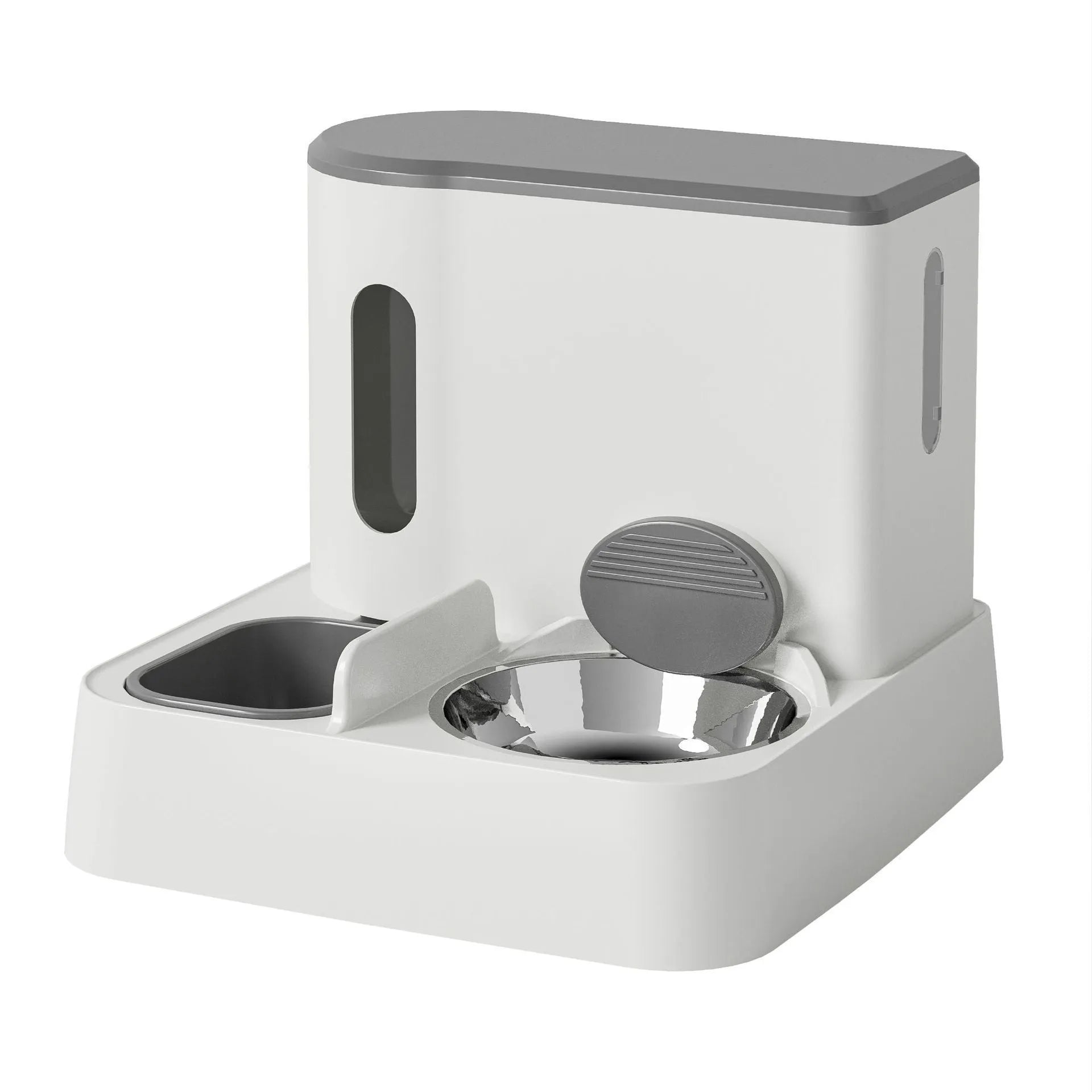 Automatic cat feeder water dispenser with double bowl system and electric circulating water pump in grey colour