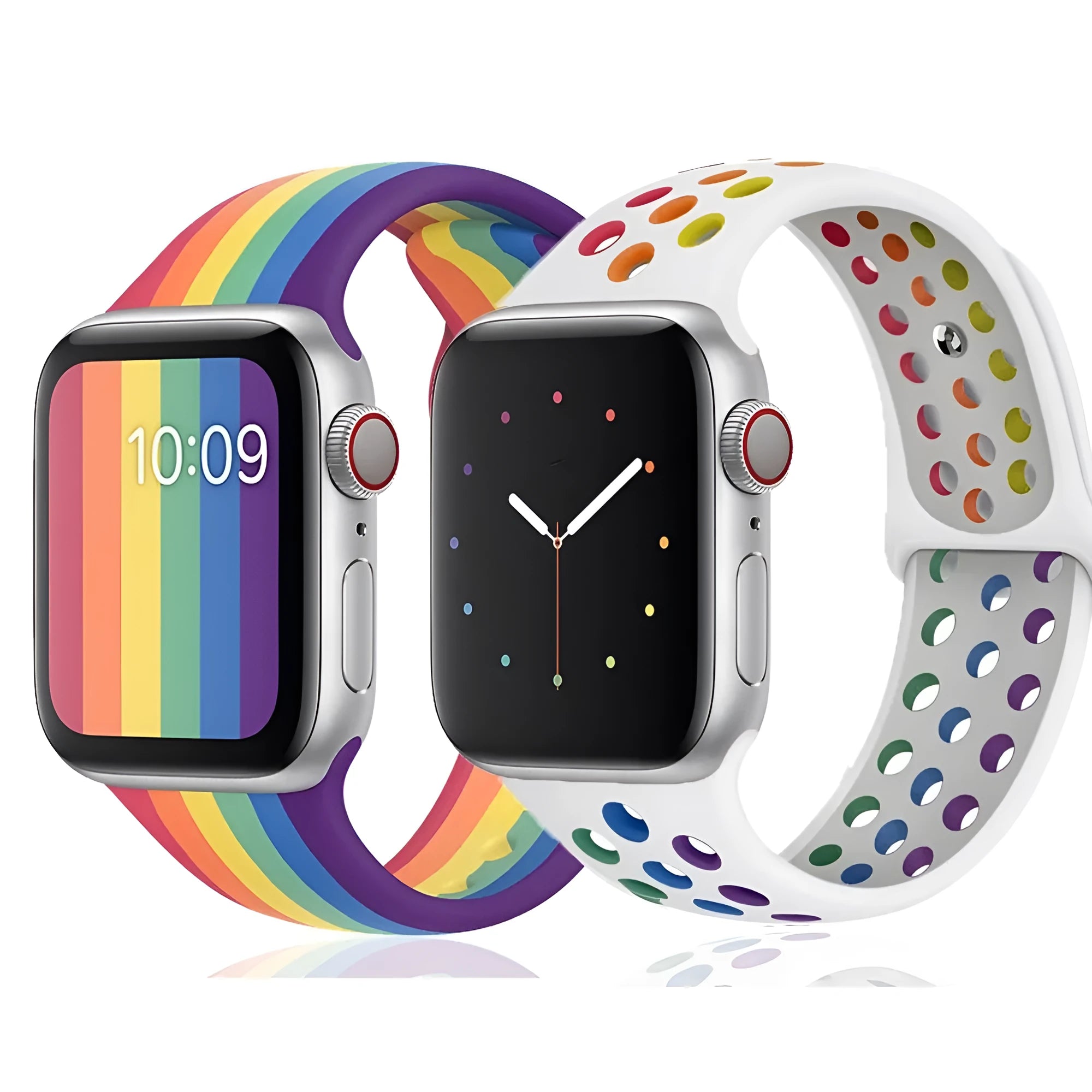 Silicone sports wristband with single buckle strap in black rainbow or white colour options
