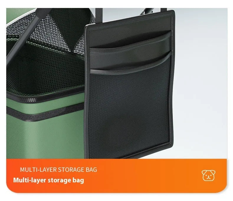 Black folding pet cart with one-click mechanism and removable design for pet transportation