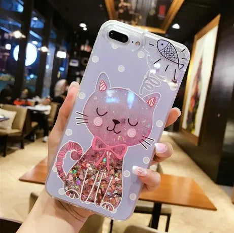 Colourful cat glitter phone case for iPhone showing design and port cut-outs