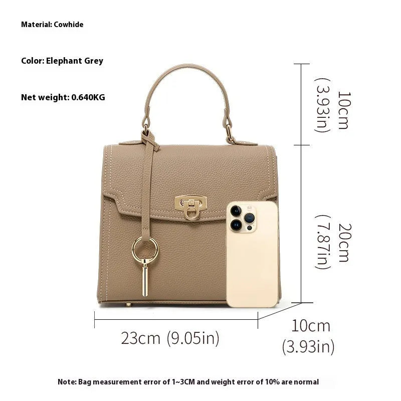Elephant grey vintage handbag with litchi pattern leather and lock clasp