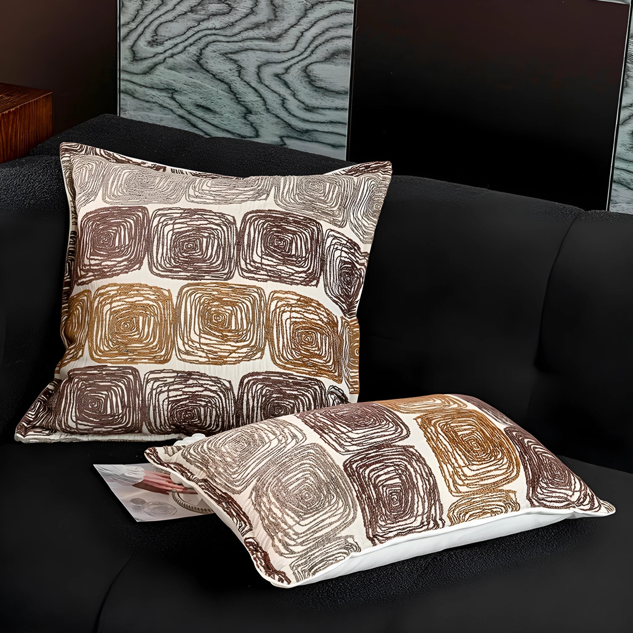 Abstract coil pattern pillow cover in cream and coffee colours showing square and rectangular dimensions