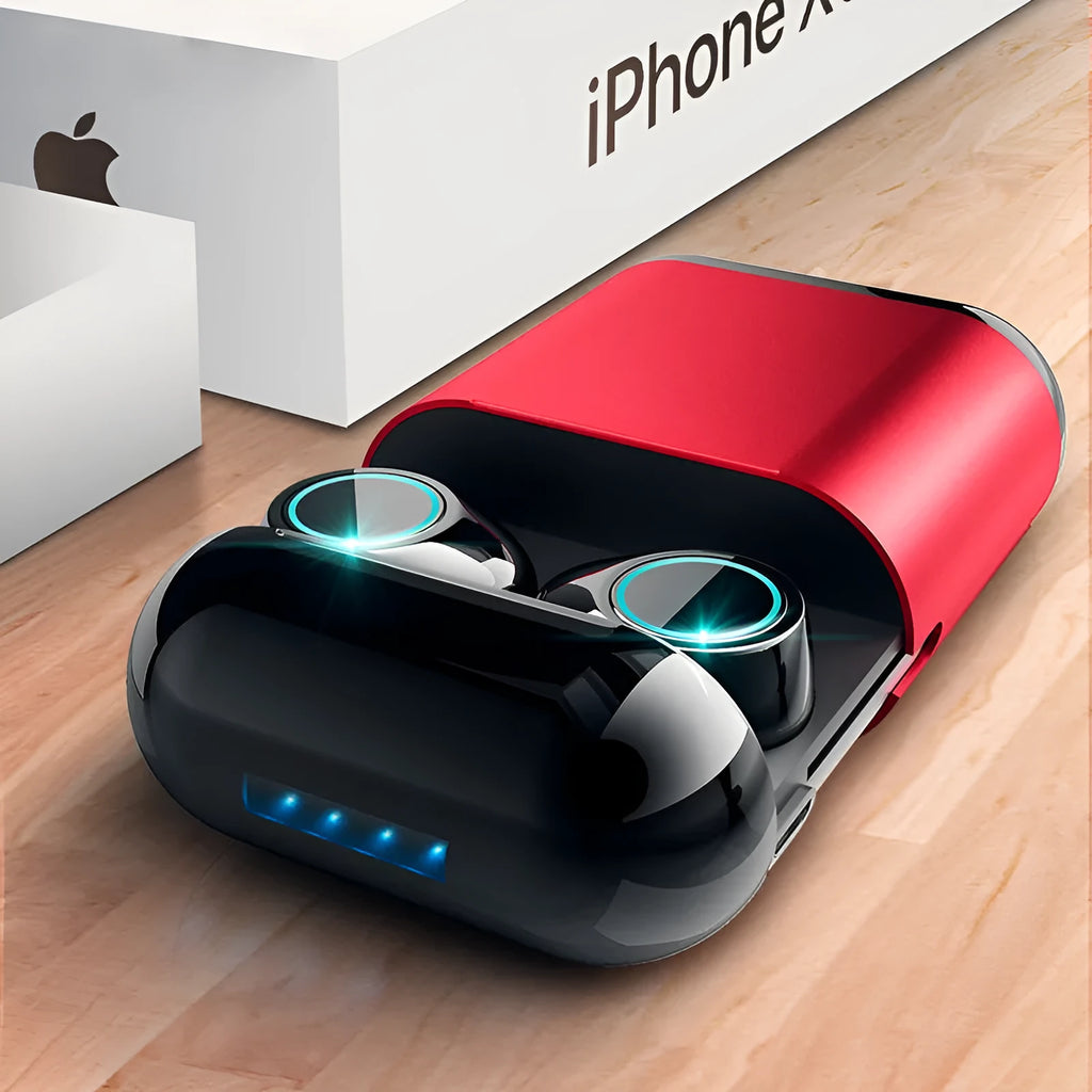 Black, gold, and light grey TWS Bluetooth wireless earbuds with a charging case.