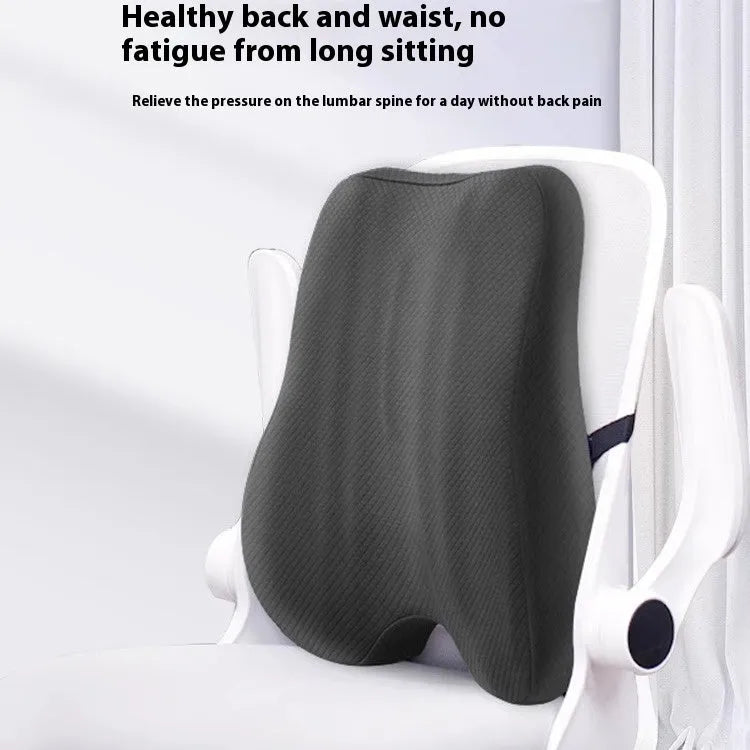 Grey contoured lumbar support pillow for office chair, showing 40x40x8cm dimensions.