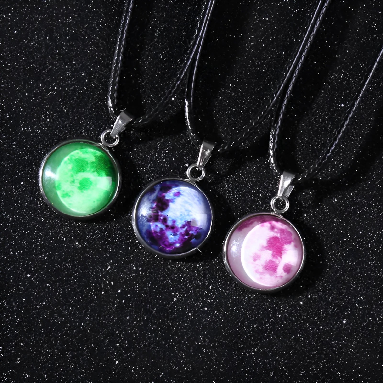 Christmas constellation moon night sky luminous alloy pendant necklace with coloured glass pendant on extension chain