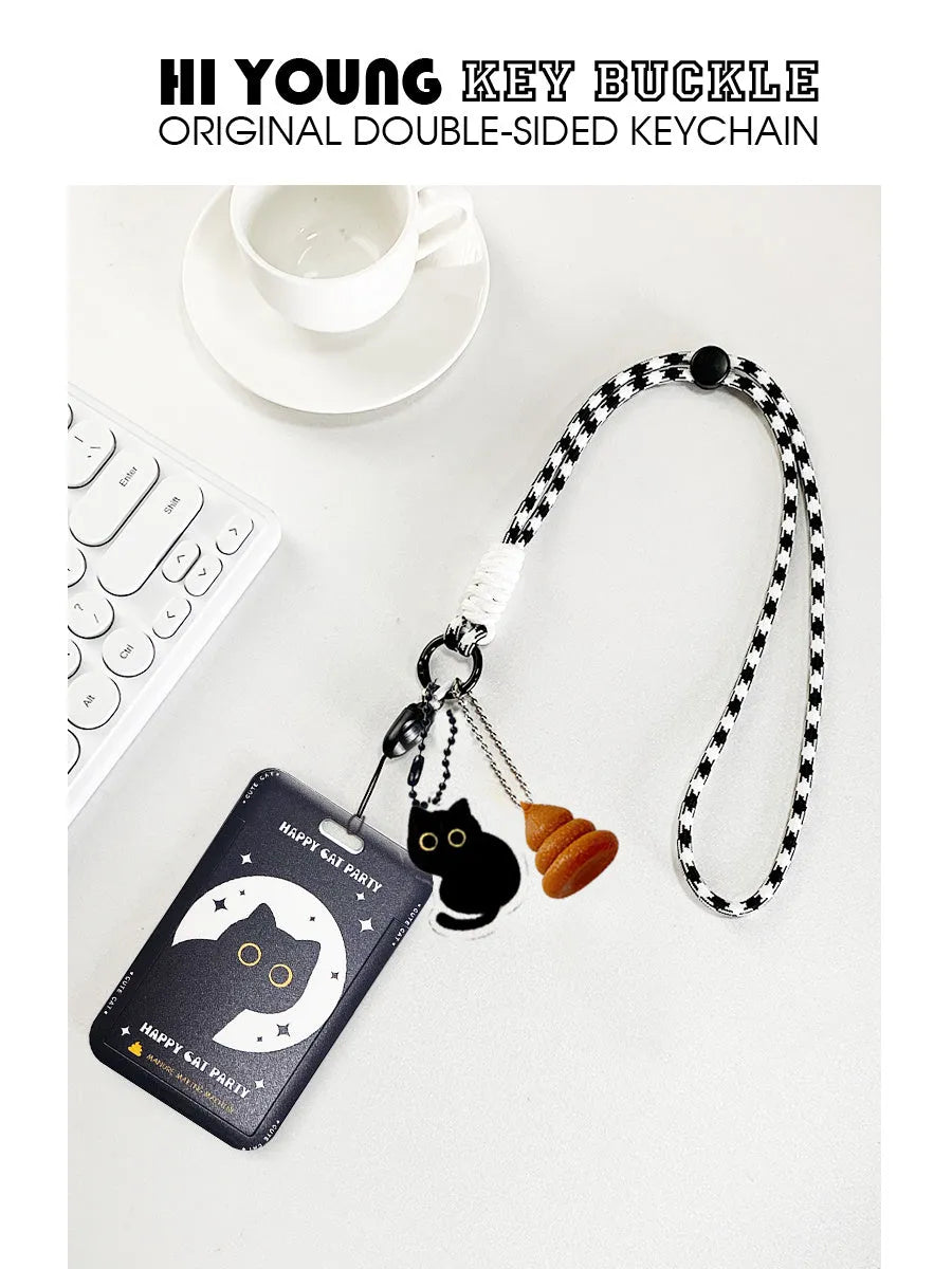 Cartoon black cat plastic card holder with metal keychain pendant for transport and student cards