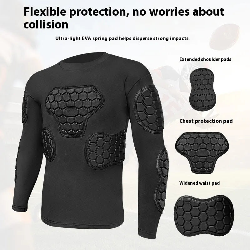 Men's goalkeeper anti-collision long-sleeved top and pants with honeycomb padding in black.