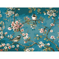 Hand-painted abstract digital oil painting showing blue flowers and birds on linen canvas