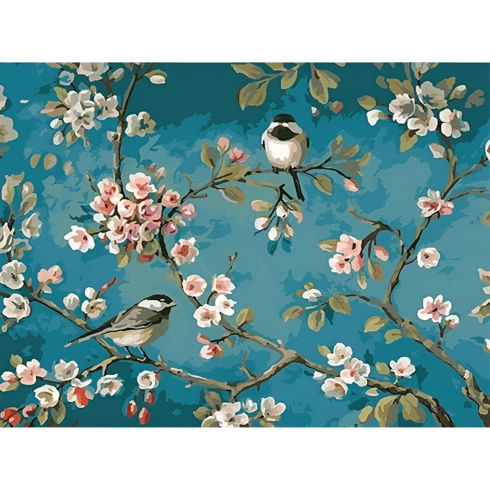 Hand-painted abstract digital oil painting showing blue flowers and birds on linen canvas