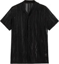 Men's black knitted short-sleeved button shirt with jacquard texture and cardigan style