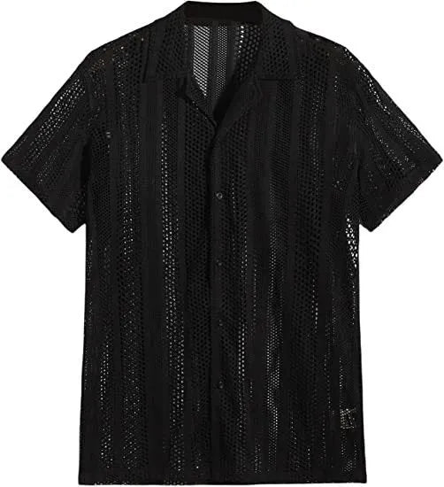 Men's black knitted short-sleeved button shirt with jacquard texture and cardigan style