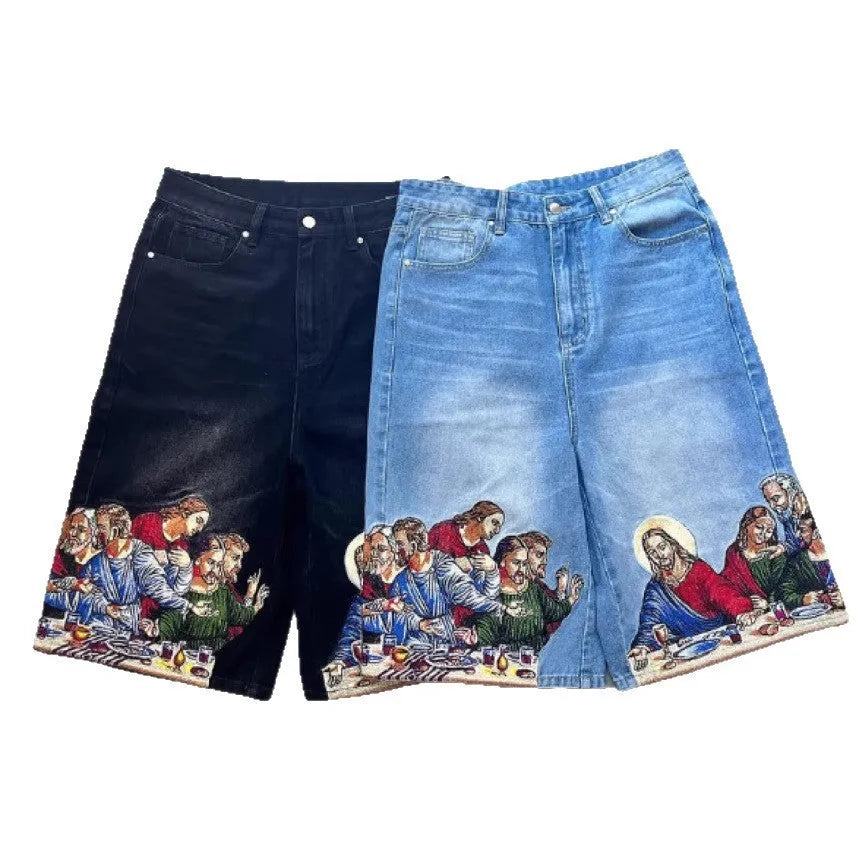 Blue men's cotton shorts with a Jesus design printed on the back pocket, showing tapered leg.