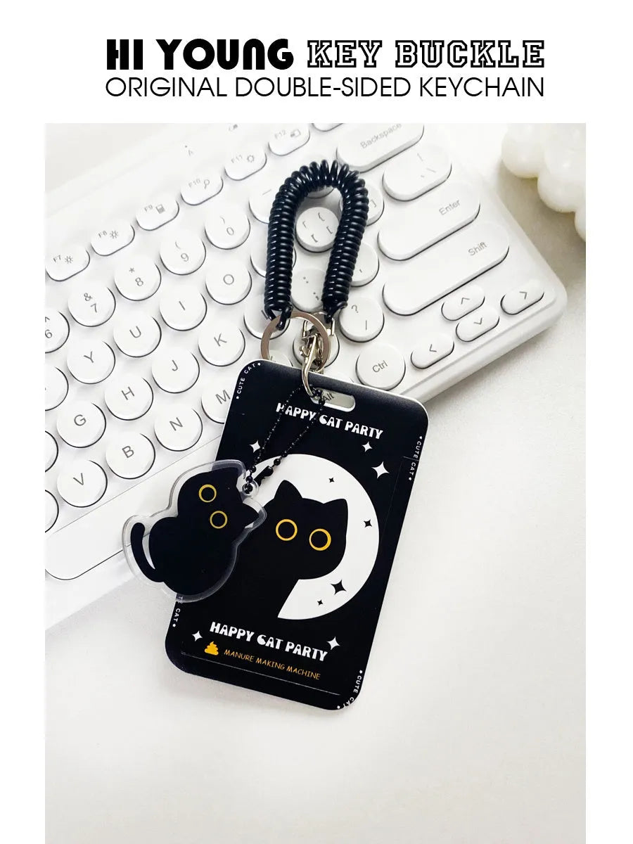 Cartoon black cat plastic card holder with metal keychain pendant for transport and student cards