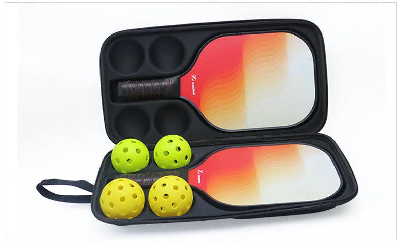 Black EVA pickleball storage bag with double shoulder straps showing dimensions