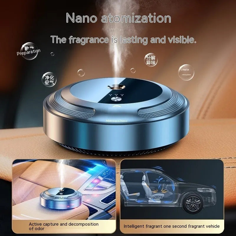 Compact zinc alloy car air freshener diffuser with automatic spray system and three fragrance refills