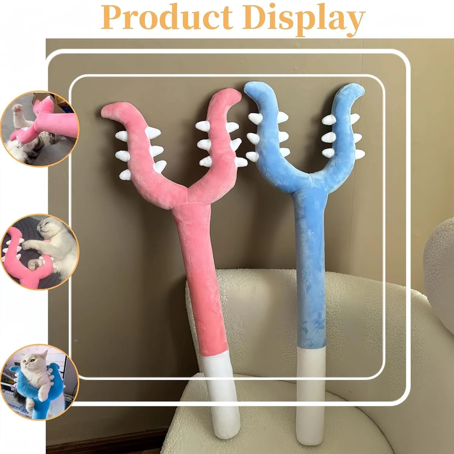 Blue plush cat wand toy with 70cm length showing soft exterior and foam-filled head section