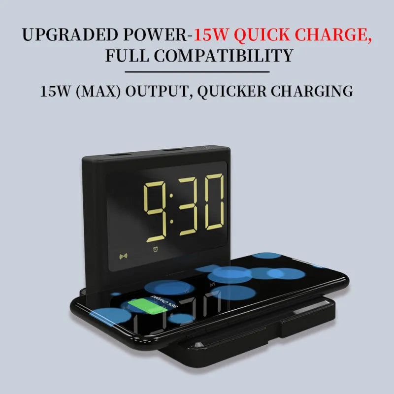 Clock-style wireless fast charger in black with dual USB outputs and Type-C interface, 115 x 107 x 91 mm