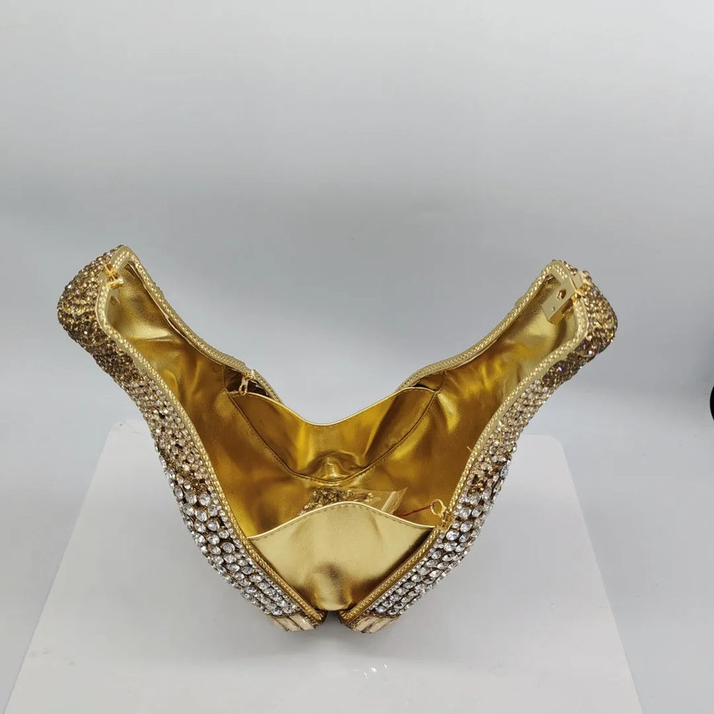 Gold champagne bottle shaped evening clutch bag with rhinestone decoration showing 12cm length and 20cm height