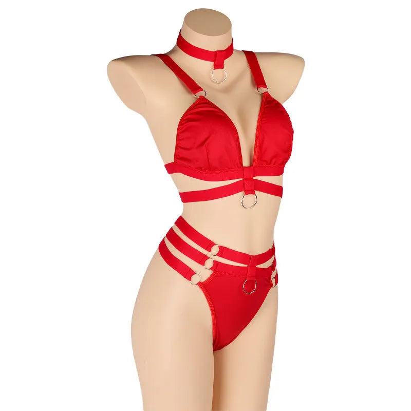 Women's bikini swimsuit set with black top and pants on white background showing front view