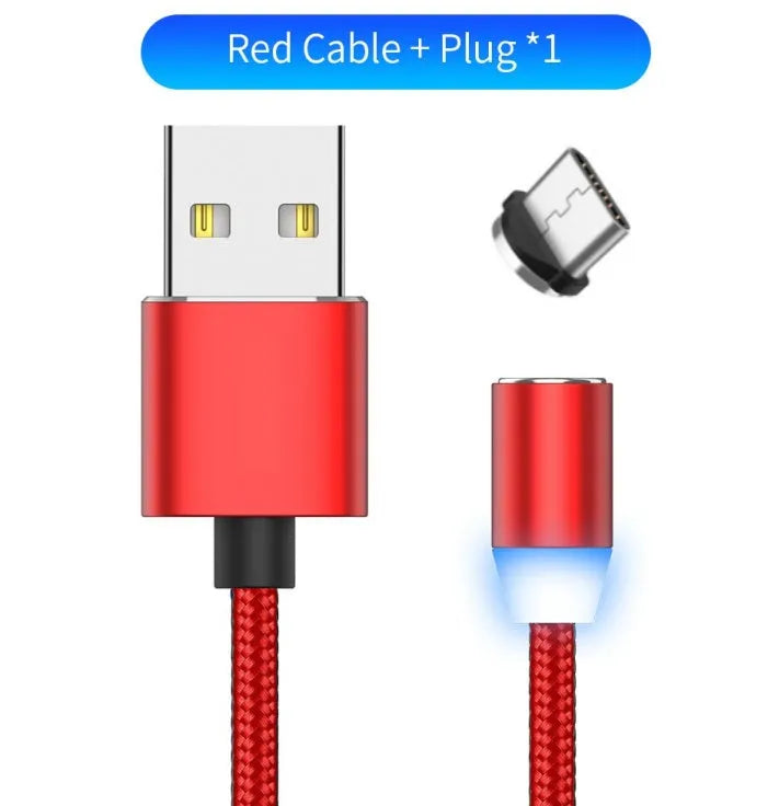 Black braided magnetic USB charging cable with LED light and aluminium connector.