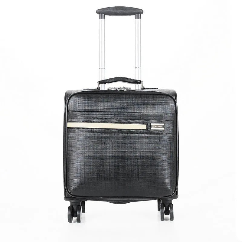 Black PU leather wheeled business case with airplane-style wheels and extended handle