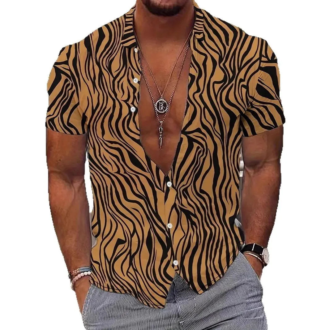 Men's geometric line pattern printed shirt with lapel collar and short sleeves in slim fit